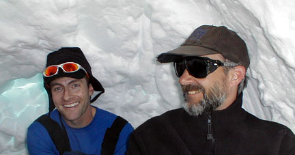 Noel Wanner and Bill inside a snow mound