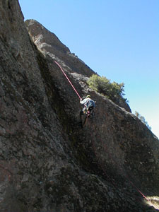 Joe Hastings Rappels into the descent gulley